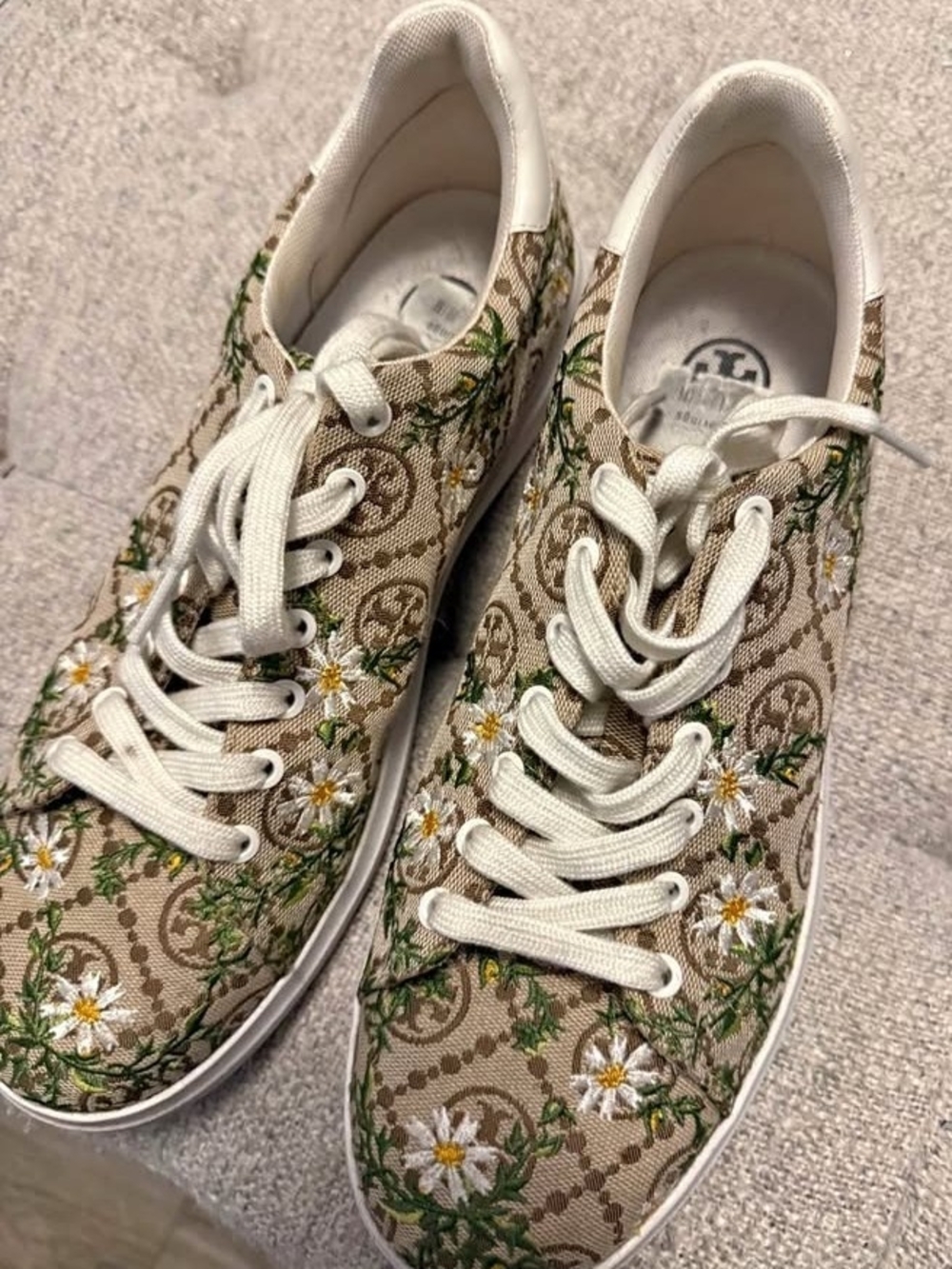 Tory Burch Beige Floral Logo Canvas Sneakers